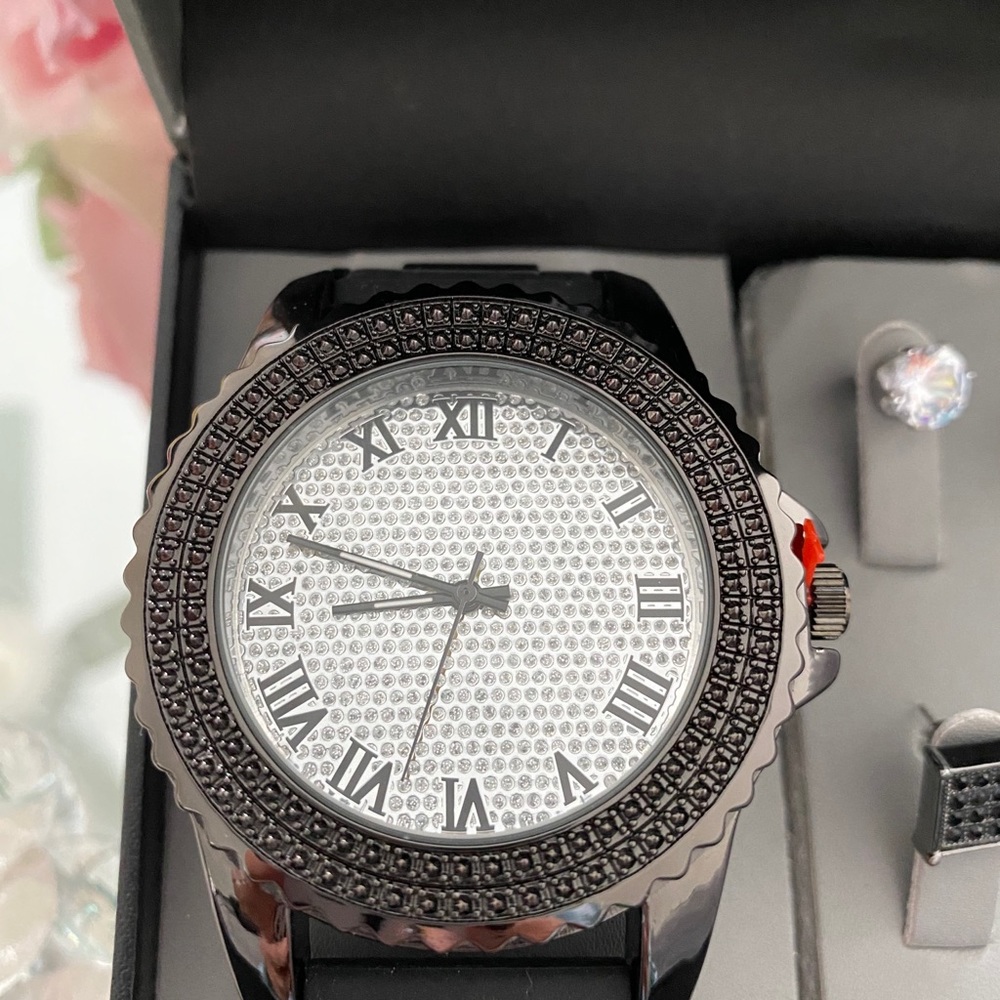 Black Rhinestone Watch With Stud/Square Earrings - image 3